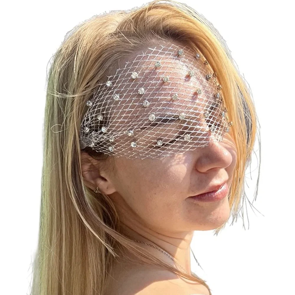 🆕 Crown Headpiece Eye Veil Rhinestone Face Fascinator